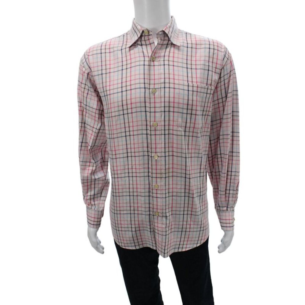 James Tattersall Mens Button Front Collared Plaid Shirt Pink Multi Size Large